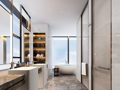 Modern Hotel Bathroom Interior With Freestanding Bathtub Marble Vanity And Large Window 3d model