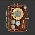 Vintage Red Wooden Door With Brass Components Circular Viewport Gauges Pipes And Handle