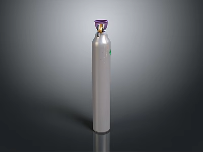 Tall Shiny Silver Gas Cylinder With Purple Gold Valve And Green Label 3d model