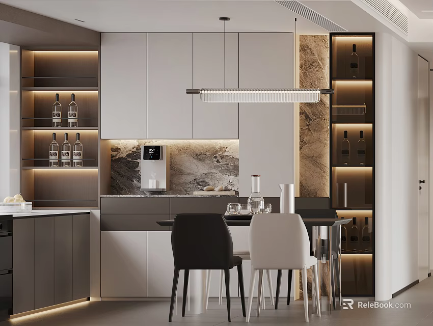 Modern Open Restaurant Kitchen Interior With Marble Backsplash Wine Racks And Dining Chairs 3d model 