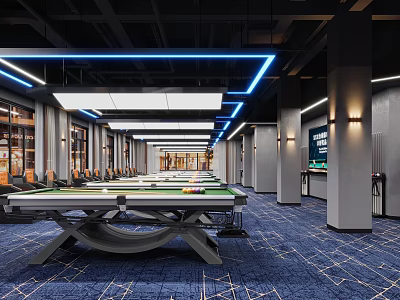 Modern Billiard Room With Multiple Pool Tables Blue Neon Lights Dark Ceiling And Blue Carpet 3d model