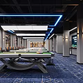 Modern Billiard Room With Multiple Pool Tables Blue Neon Lights Dark Ceiling And Blue Carpet