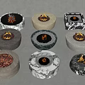 Various Shaped Decorative Fire Pits With Burning Flames And Stone Patterns 3d model