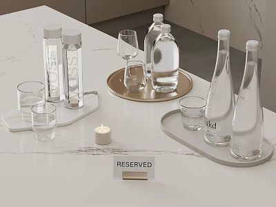 Elegant Tableware Set with Bottles Glasses Tray Candle and Reserved Sign on White Marble Countertop 3d model