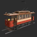Vintage Electric Tram with Red and Beige Classic Design on Tracks and Wooden Interior