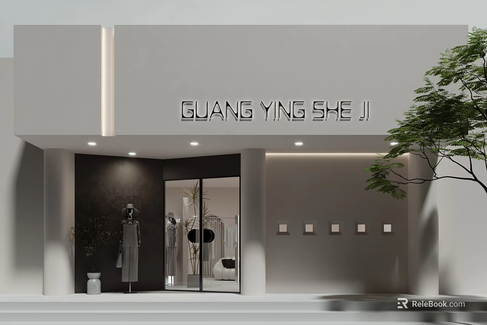 Modern Storefront With Guang Ying She Ji Sign Glass Door Mannequin Greenery And Recessed Panels 3d model 