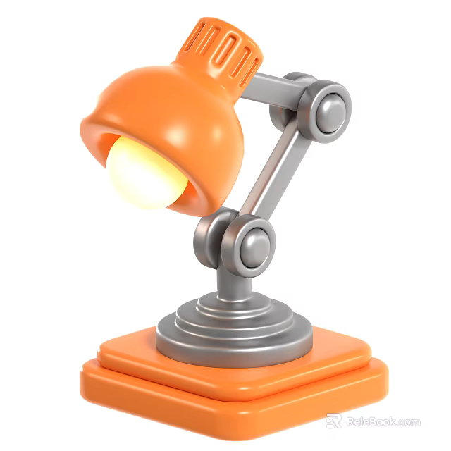 Orange Desk Lamp with Lit Bulb Flexible Metal Arm and Square Orange Base 3d model 