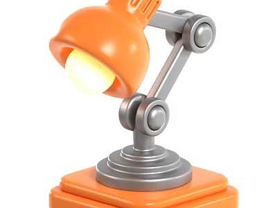 Orange Desk Lamp with Lit Bulb Flexible Metal Arm and Square Orange Base 3d model