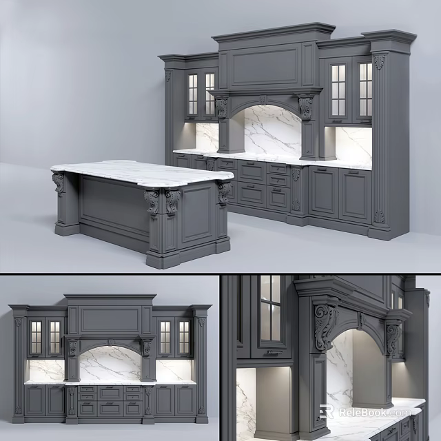 Elegant Gray Kitchen Cabinets With Marble Countertop And Ornate Island Details 3d model 