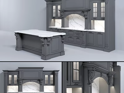 Elegant Gray Kitchen Cabinets With Marble Countertop And Ornate Island Details 3d model