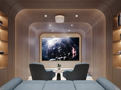 Modern Home Theater With Wooden Panels Large Screen And Seating 3d model
