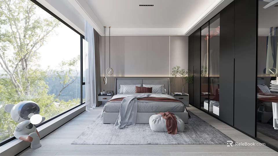 Modern Bedroom Interior Design With Large Bed Floor to Ceiling Windows and Wardrobe 3d model 