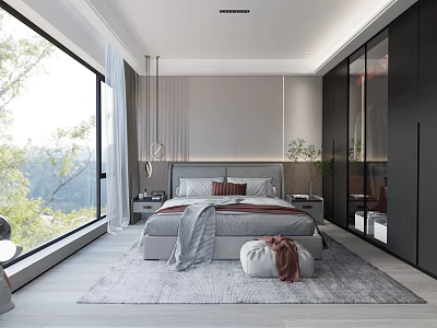Modern Bedroom Interior Design With Large Bed Floor to Ceiling Windows and Wardrobe 3d model