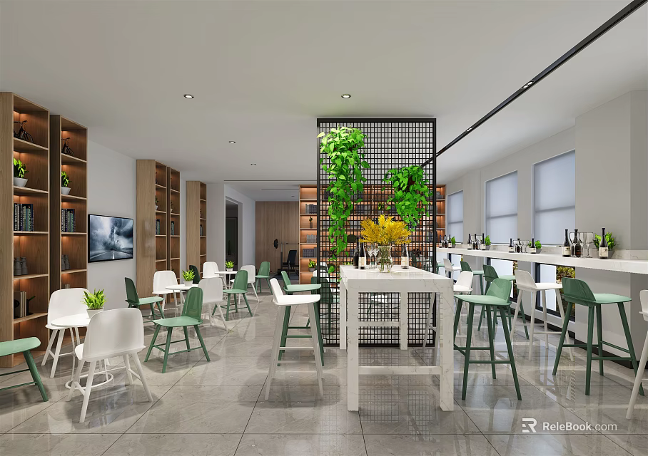 Modern Restaurant Interior With Open Layout Green White Chairs Plant Partition And Bar Counter 3d model 