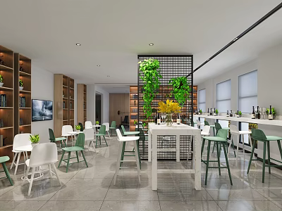 Modern Restaurant Interior With Open Layout Green White Chairs Plant Partition And Bar Counter 3d model