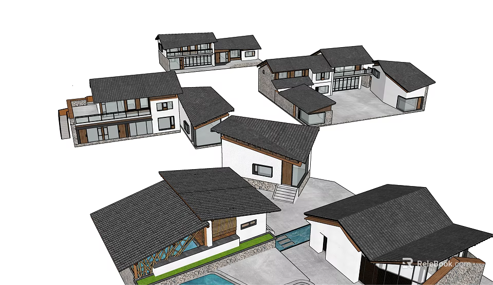 Traditional Boutique Guesthouse Buildings With Black Roofs White Walls And Courtyard Pool 3d model 