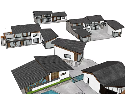 Traditional Boutique Guesthouse Buildings With Black Roofs White Walls And Courtyard Pool 3d model