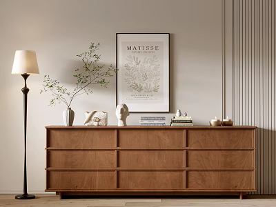 Walnut Wood Entryway Sideboard Cabinet With Drawers Floor Lamp And Decorative Artwork 3d model