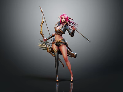 Female Warrior Character With Pink Hair Holding Bow And Arrows In Decorative Combat Outfit 3d model