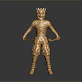 Golden Cat Headed Humanoid Statue With Textured Armor And Holding Weapons On Dark Reflective Surface
