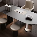 Oval Gray Desk Interior With Books Notebook Record Player And Stools On Wooden Floor