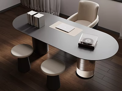 Oval Gray Desk Interior With Books Notebook Record Player And Stools On Wooden Floor 3d model