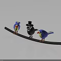 Low Poly Style Three Birds On Black Branch With Top Hat Bird And Gray Background