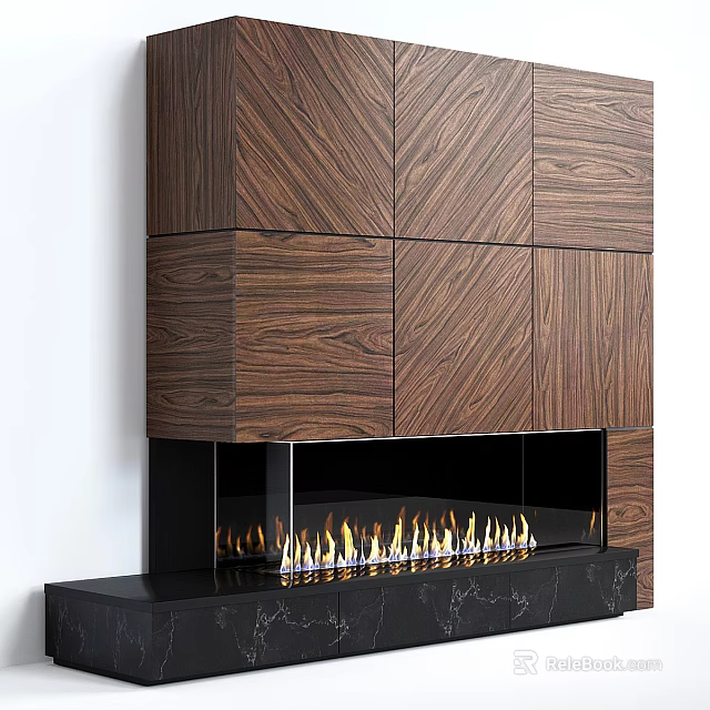 Modern Wooden Fireplace With Wood Grain Panels And Burning Flames On Black Base 3d model 