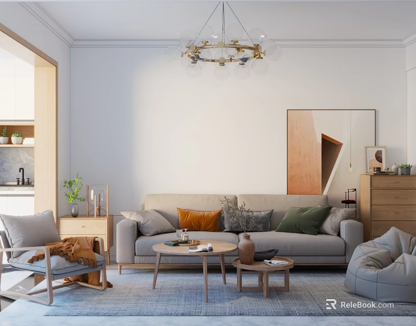 Cozy Living Room Interior With Sofa Pillows Rocking Chair Coffee Table Wall Mirror And Chandelier 3d model 