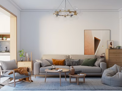 Cozy Living Room Interior With Sofa Pillows Rocking Chair Coffee Table Wall Mirror And Chandelier 3d model