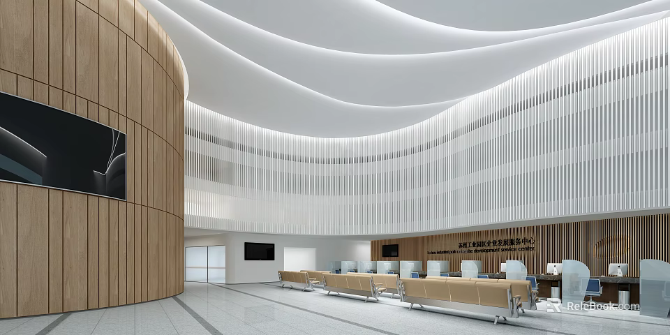 Modern Minimalist Lobby Reception Desk With Wooden Decor Curved Ceiling Waiting Seats And Display Screens 3d model 