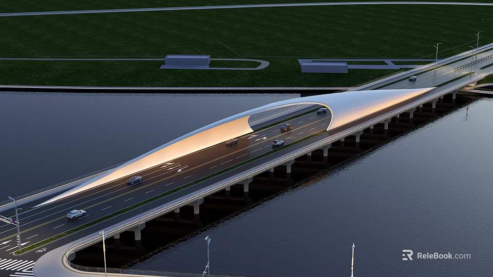 Modern Bridge Over Water With Cars And Illuminated Structure At Dusk 3d model 