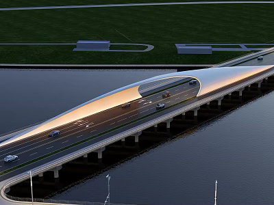 Modern Bridge Over Water With Cars And Illuminated Structure At Dusk 3d model