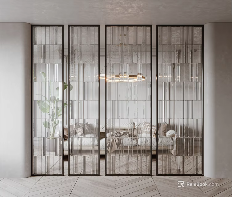 Modern Glass Room Divider With Metal Frame For Living Room Interior Design 3d model 