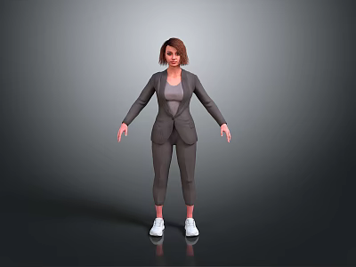 Business Woman In Gray Suit And White Sneakers Standing Against Gray Background 3d model