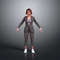 Business Woman In Gray Suit And White Sneakers Standing Against Gray Background