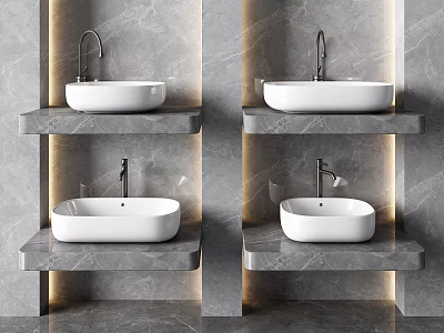 Modern Hand Basin On Marble Wall Mounted Shelf With Sleek Faucet And Lighting 3d model