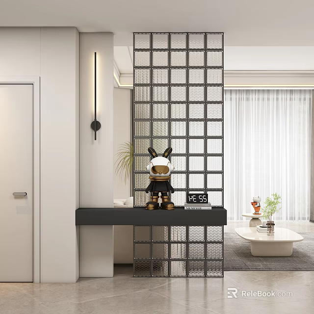 Modern Gridded Partition Design For Living Room Entryway With Decorative Elements And Lighting 3d model 