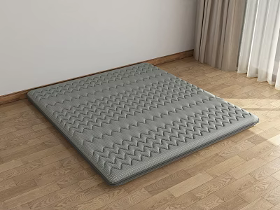 Gray Textured Mattress Placed On Wooden Floor In Indoor Room With Curtains 3d model