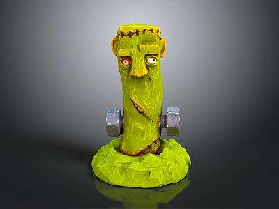 Game Movie Character Green Skinned With Yellow Head Red Eyes Stitches Holding Dumbbells On Base 3d model