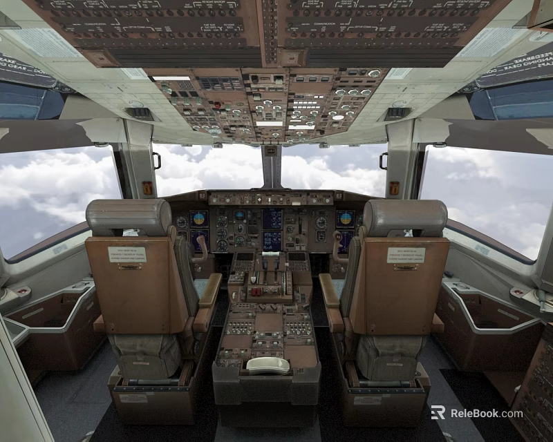 Airplane Cockpit Interior With Control Panels Seats And Cloudy Sky View 3d model 