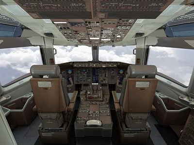 Airplane Cockpit Interior With Control Panels Seats And Cloudy Sky View 3d model