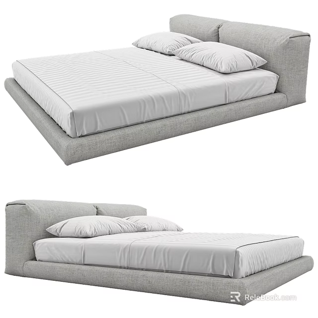 Modern Double Bed with Linen Fabric Upholstered Headboard White Mattress and Two Pillows 3d model 