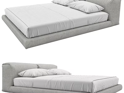 Modern Double Bed with Linen Fabric Upholstered Headboard White Mattress and Two Pillows 3d model