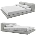 Modern Double Bed with Linen Fabric Upholstered Headboard White Mattress and Two Pillows