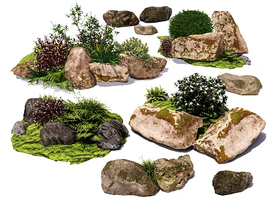 Natural Stone And Wooden Decor With Lush Green Plants And Mossy Rocks 3d model