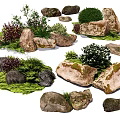 Natural Stone And Wooden Decor With Lush Green Plants And Mossy Rocks