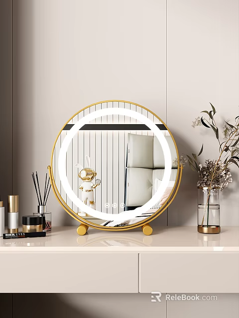 Elegant Modern Gold Framed Round LED Mirror for Vanity Table with Cosmetics and Decorative Vase 3d model 