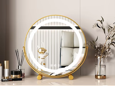Elegant Modern Gold Framed Round LED Mirror for Vanity Table with Cosmetics and Decorative Vase 3d model