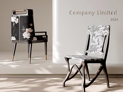 Elegant Dining Chairs With Floral Embroidery Black Frame Gold Legs Patterned Dark Wooden Crossed Legs 3d model